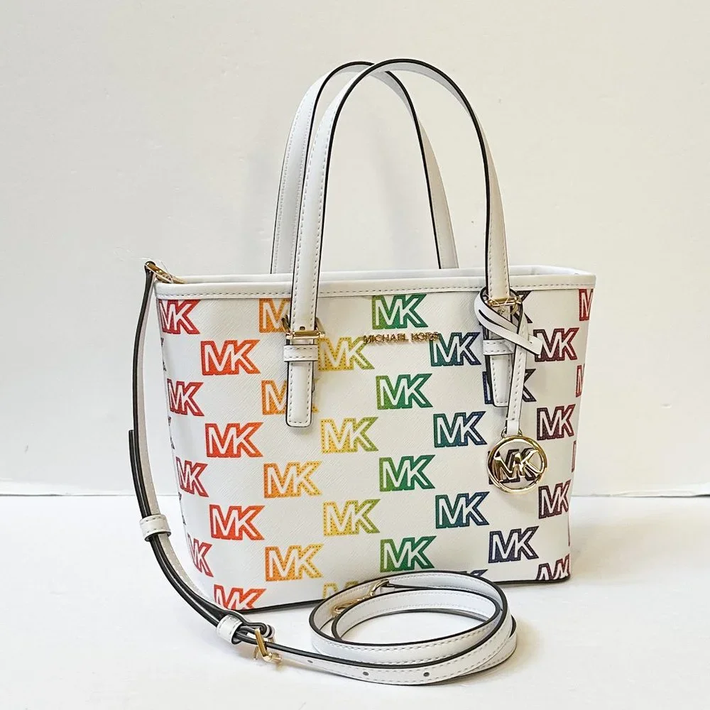Michael Kors Jet Set XS Carryall Tote Satchel Shoulder Bag MK Rainbow White - Picture 3 of 13